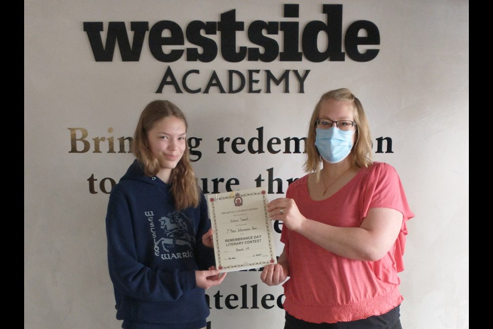 Antonia Tannert, Westside Academy student, took top prize in the province in the intermediate category for the poem she entered into the Royal Canadian Legion's Youth Remembrance contest.