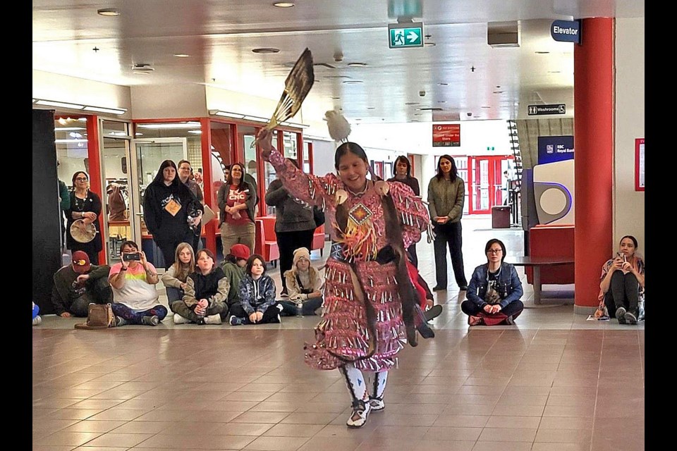Traditional Jingle dress dancer, Tracy Peters, ts'kw'aylaxw First Nation, performed during CNC's Aboriginal History Week on Tuesday, March 11, 2025.