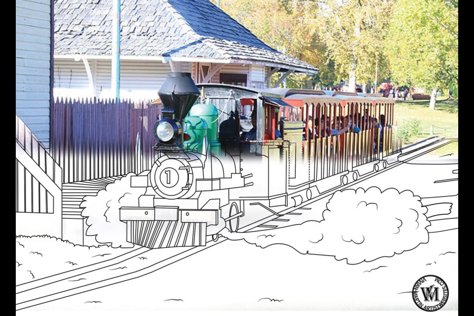 This image of the Little Prince Steam Train is In Colour, Around Prince George colouring book by local artist Vivian Martin.