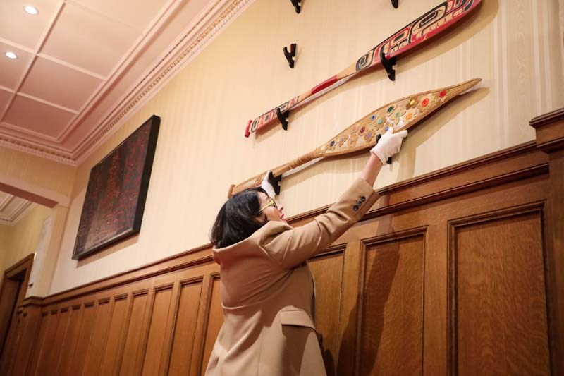 Crystal Behn's paddle was installed at Government House to mark the call for the 2023 BC Reconciliation Awards