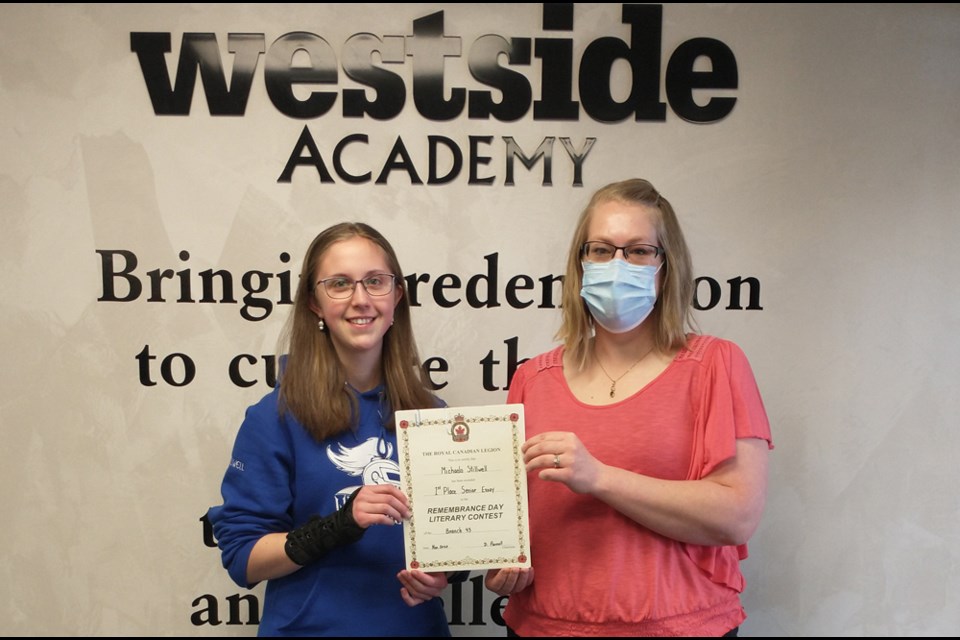 Michaela Stillwell, Westside Academy student, took top prize in BC for her essay she entered into the senior category of the Royal Canadian Legion's Youth Remembrance contest.