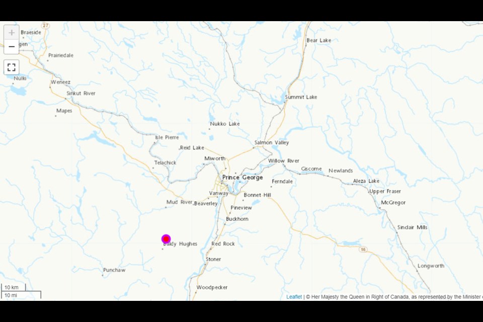 This map, produced by Earthquakes Canada, shows the location of a 3.4 magnitude earthquake southwest of Prince George on Wednesday.