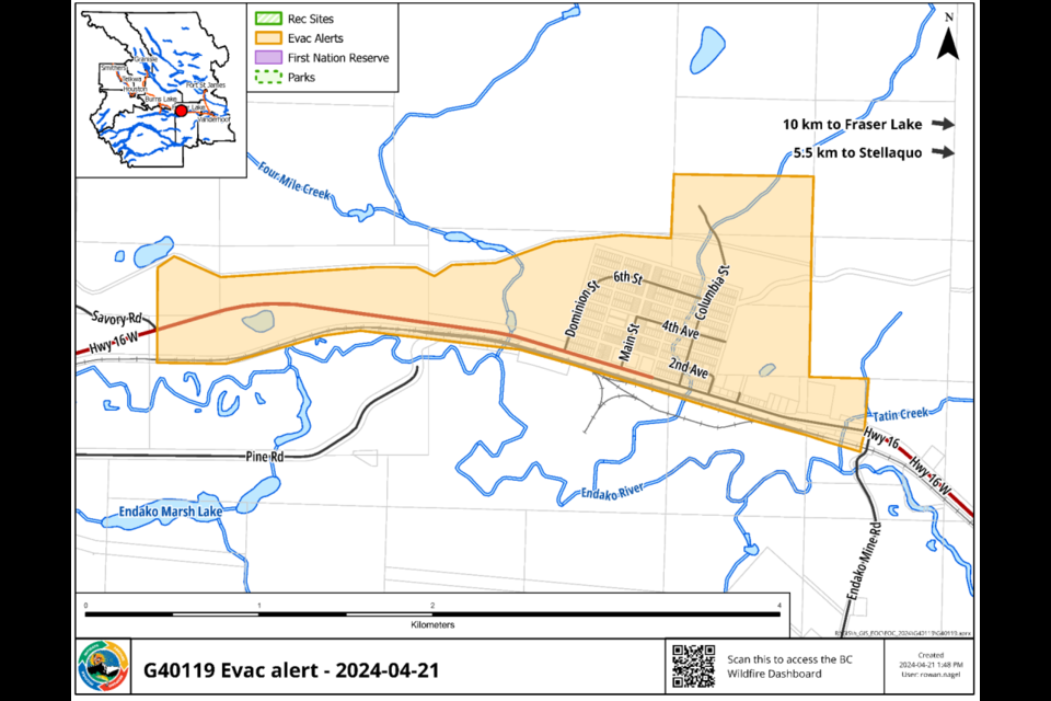 The Regional District of Bulkley-Nechako has issued an evacuation alert for Endako, northwest of Fraser Lake.