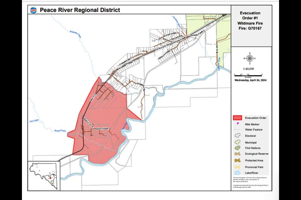 This is the area that was under an evacuation order due to the Wildmare Creek fire near Chetwynd. The order was rescinded to an evacuation alert Thursday at 11 a.m.