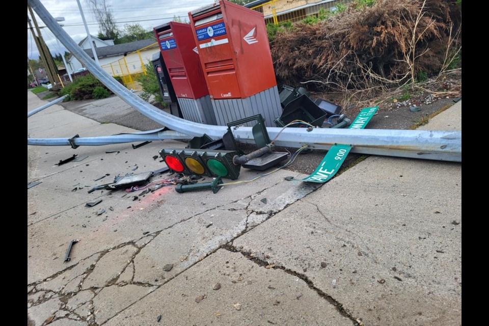 This is what's left of the traffic light on Friday, May 16, 2025, after a semi truck hit it and kept going.