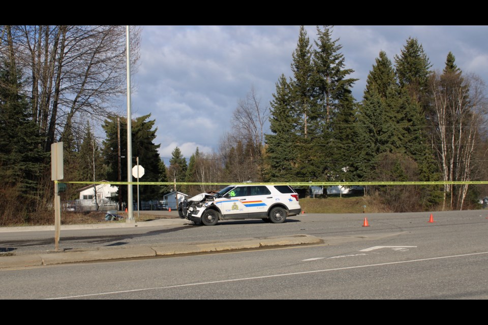 As a result of a high-speed police chase early Wednesday morning down the Hart Highway this police car is seen at Monterey Road all smashed up. More details to come from police.