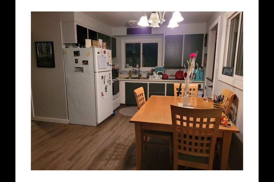Here's the kitchen in the house of the cute young lady with her giant dog that sheds that's offering a room for rent in her house for $550 a month.