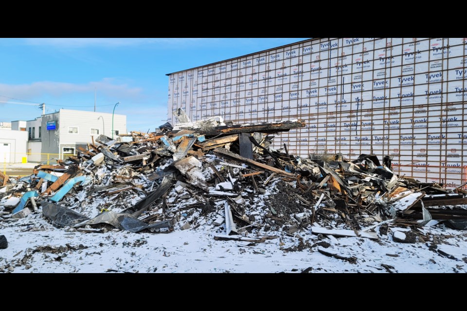 This pile of debris is all that is left of the building that used to be the Achillion Greek Cuisine restaurant in downtown Prince George.
