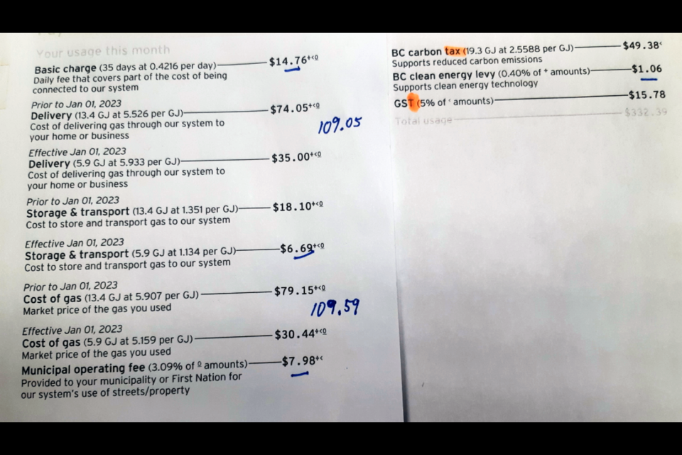 The Fortis BC bill Brian Wourms received this month at his Prince George home shows how much he's being billed in carbon tax and GST (on the right), compared to the cost of natural gas used to heat his home.