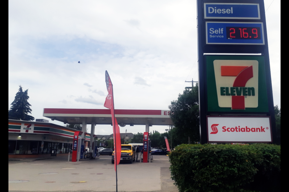Gas was selling at $2.16.9 per litre Tuesday afternoon at the 7-Eleven/Esso station at 1588 20th Ave. According to one motorist who drove up from Salmon Arm, the Prince George price at the pumps was the most expensive he's seen on his trip.