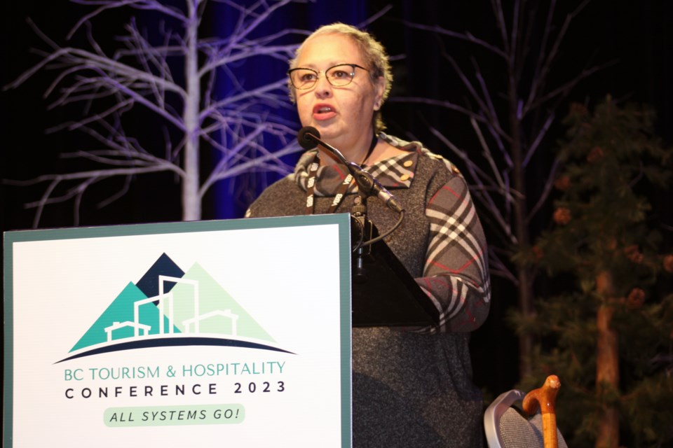 Karyn Sharp, project manager of the Ancient Forest Enhancement Project, speaks to the crowd Friday at the BC Tourism and Hospitality Conference at Prince George Civic and Conference Centre.