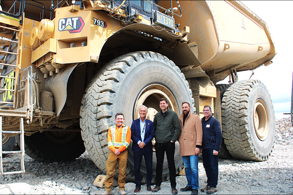 Goverment officials and industry stakeholders toured the Blackwater Gold mine 160 km southwest of Prince Geoge on  May 30, 2025. From, left are Jeremy Langford, Artemis Gold president; Steven Dean, Artemis gold chairman/CEO; David Ebhy, PB premier; Jagrup Brar, BC minister of mining and critical minerals; and Micheal Goehring, president of BC Mining Association.