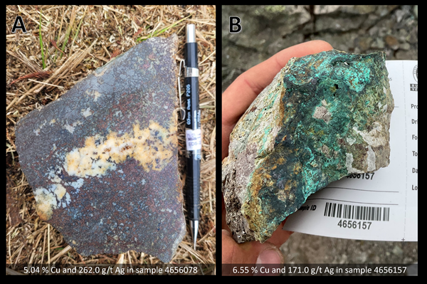 Surface rock samples from NorthWest Copper's East Niv exploration site about 300 km northwest of Prince George reveal high-grade copper mineralization.