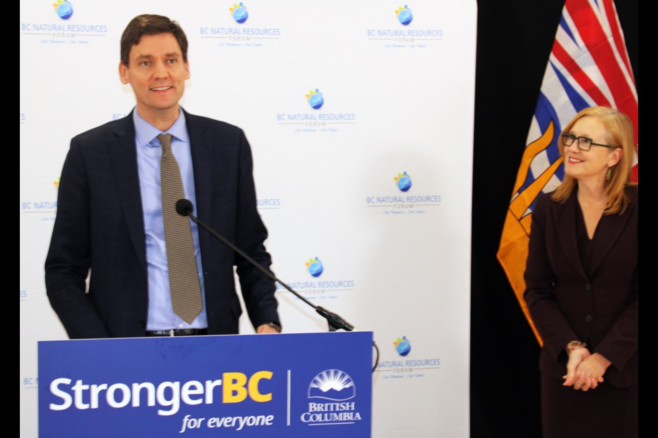 Premier David Eby and Brenda Bailey, Minister of Jobs, Economic Development and Innovation, announce details of the $90 million B.C. Manufacturing Jobs Fund Tuesday at the B.C. Natural Resources Forum in Prince George.