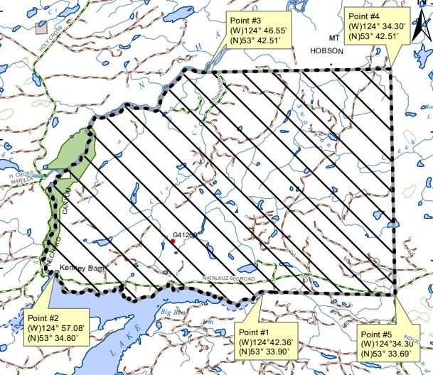 A map showing the area surrounding the Cutoff Creek wildfire now off limits to the general public under an area restriction order issued Thursday by the B.C. Wildfire Service.