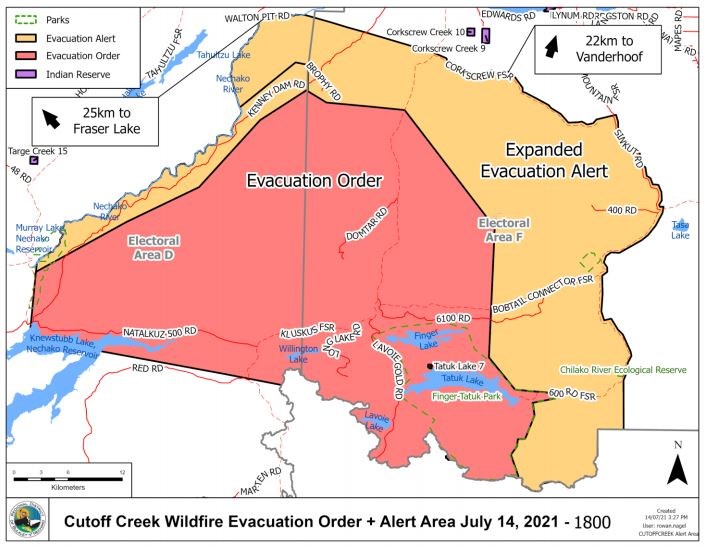 The areas covered by an evacuation order and an evacuation alert for the Cutoff Creek wildfire south of Vanderhoof.