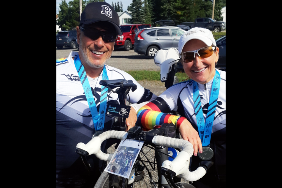 Tour de Cure riders James McLellan, left, and Karin Piche, rode 110 km for the Wheelin' Warriors of the North in Saturday's fundraising ride. 
