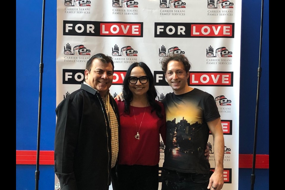 Executive producer Warner Adam stands with cowriters Mary Teegee and director Matt Smiley at the For Love premier in Prince George.