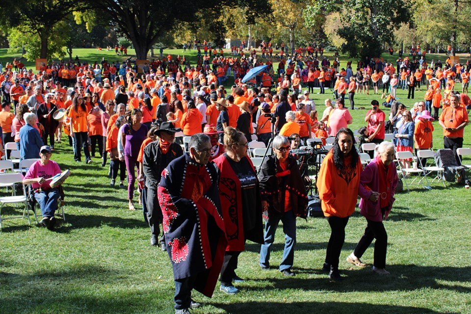 National Truth & Reconciliation Day was recognized in Prince George Friday afternoon at Lheidli T'enneh Memorial Park. Here residential school survivors and their families were drummed in and asked to take to the stage to be acknowledged by the respectful crowd.