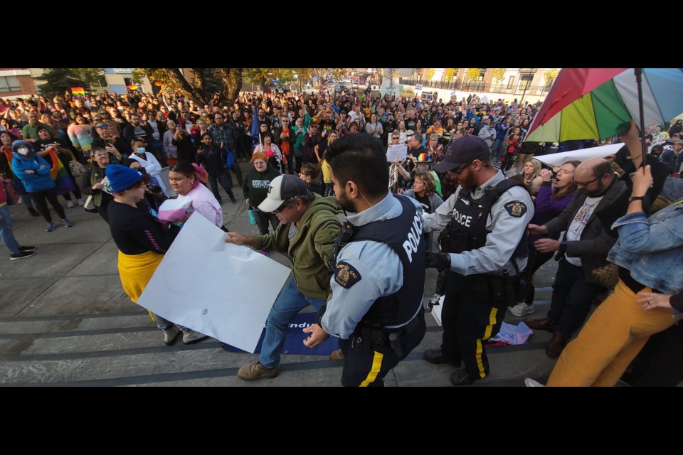 Police arrest a man who disrupted the pro-SOGI rally Wednesday afternoon at Prince George city hall.