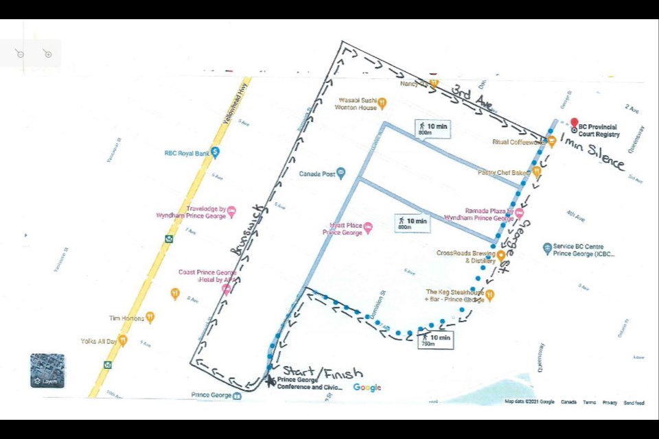 This is the route the Take Back the Night march will take Thursday evening starting at 7 p.m. from the Canada Games Plaza.