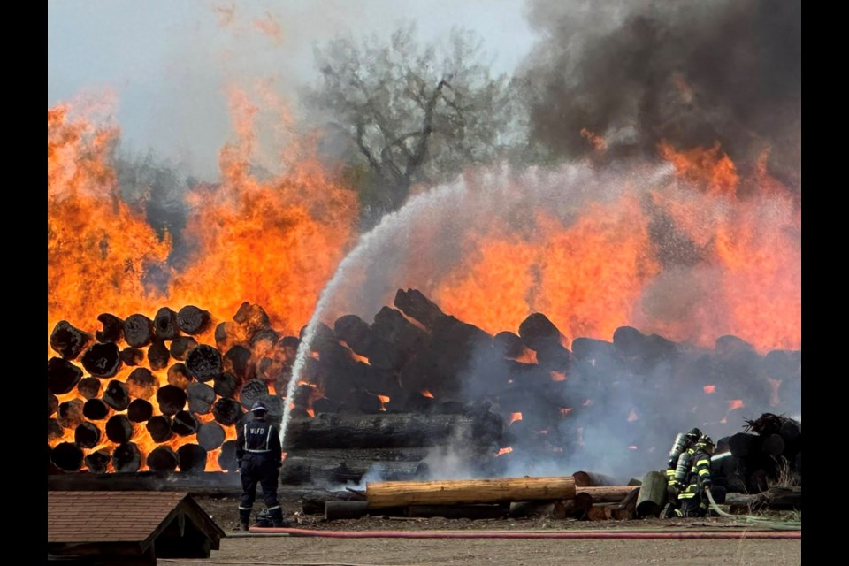 Firefighters train their hose on a burning log pile Monday (May 5, 2025) at Pioneer Log Homes east of Williams Lake.