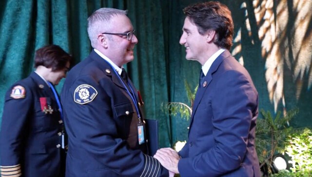West Kelowna Fire Chief Jason Brolund with Prime Minister Justin Trudeau at UN in New York.