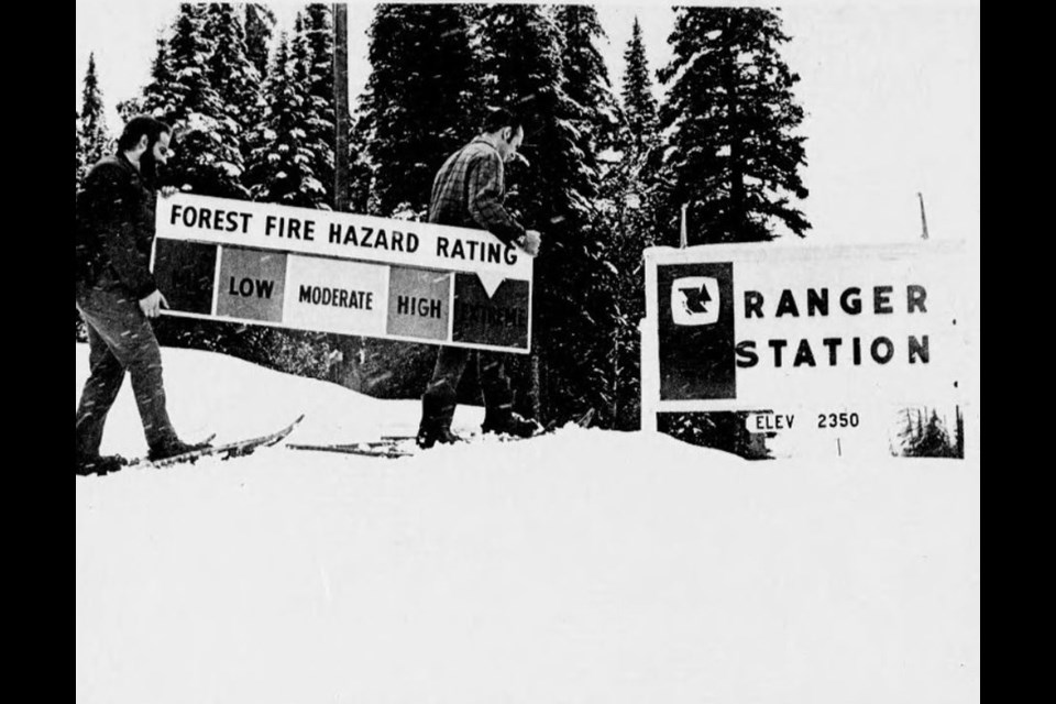 Pic 1. This week 50 years ago Ken Pendergast and George Neagle had to wear snowshoes to put up the Forest Fire Hazard Rating sign at Summit Lake. Sadly, forest fire season was well underway in April in north-central B.C. in 2024. 