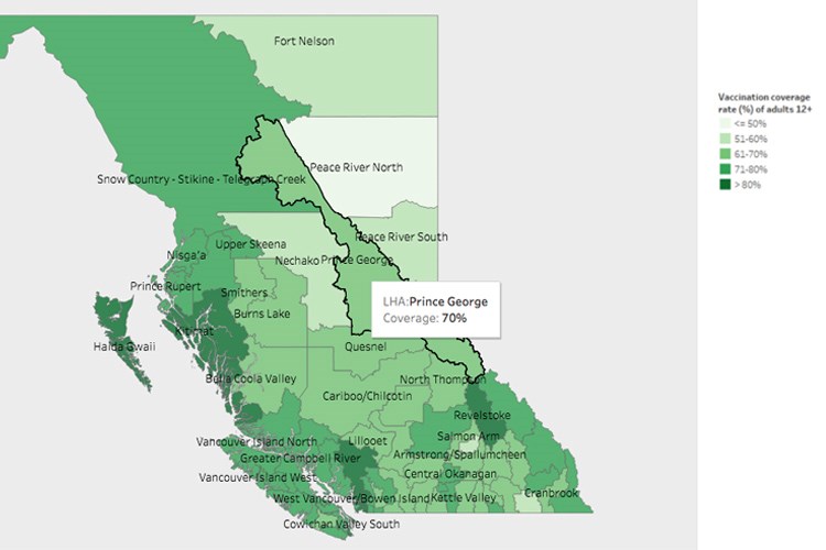 This map, produced by the B.C. Centre for Disease Control, shows the single-dose vaccination rate for people aged 12 and up in local health areas in B.C. The Prince George area had a 70 per cent vaccination rate as of July 5.