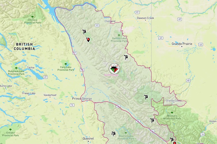 This map shows the North Rockies region, served by Avalanche Canada.