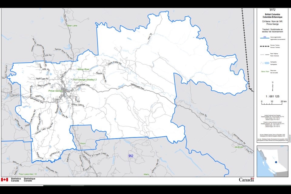 This map, provided by Statistics Canada, shows the Prince George census agglomeration area.