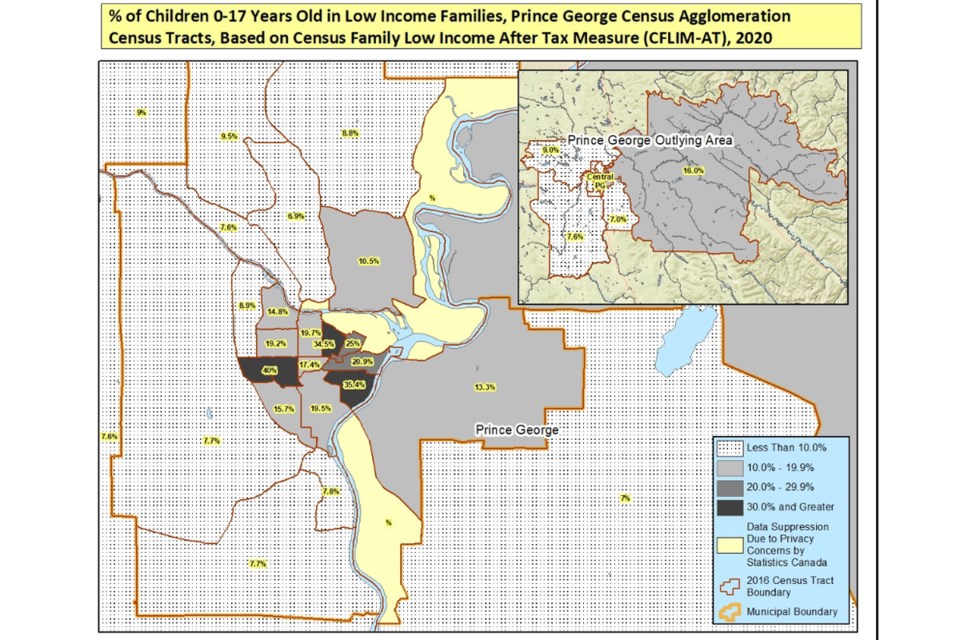 This map, provided by the First Call Child and Youth Advocacy Society, shows the 2020 rate of child poverty in 25 census tracts throughout the Prince George census area.