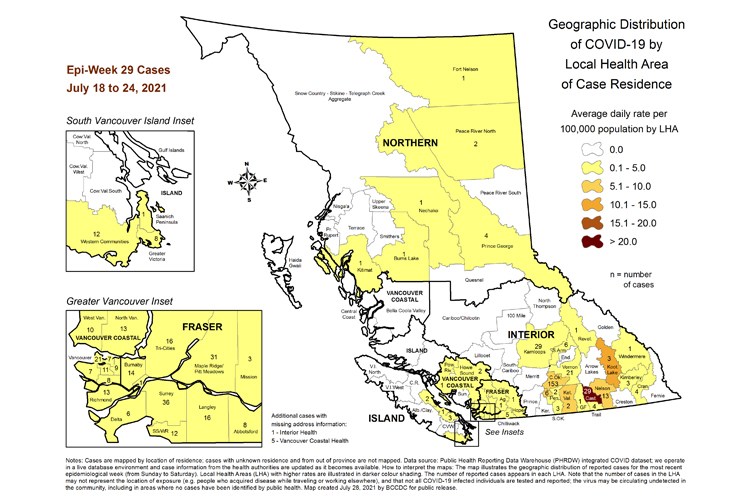 This map shows a breakdown of new COVID-19 cases by local health area for the week of July 18 to July 24. The Prince George area had four cases over that period.