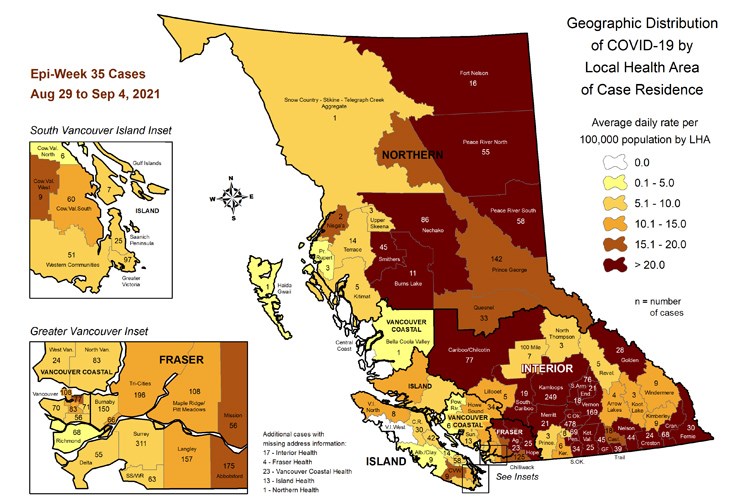 This map shows a breakdown of new COVID-19 cases by local health area from Aug. 29 to Sept. 4. There was 142 new cases in the Prince George area during that period.