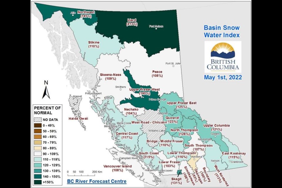 A map showing levels of snowpack across B.C. as of May 1, 2022.