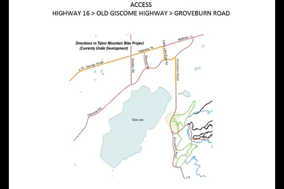 This map shows the location of a planned 35-km network of biking, hiking and snowshoeing trails at Tabor Mountain, 20 km west of Prince George.