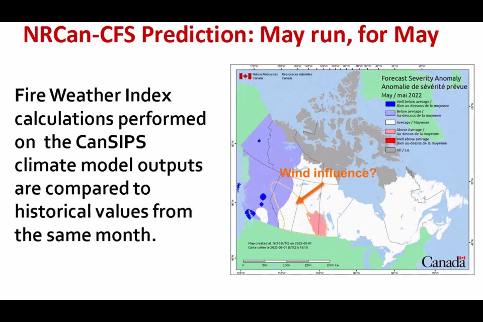 This map, released by Natural Resources Canada, shows the fire weather index for Canada in May. Areas in blue are below-average risk, areas in red above average.