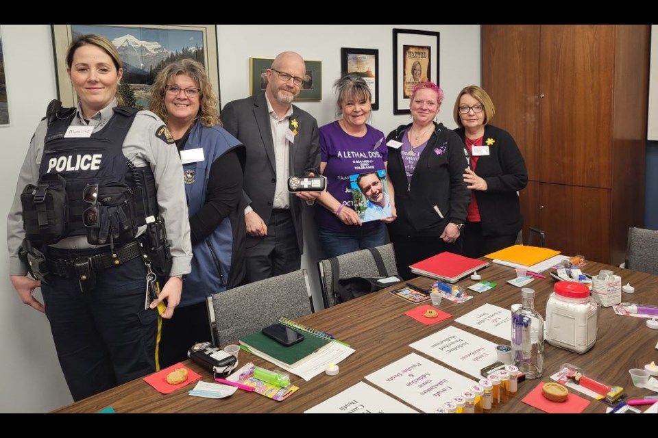 Broken Hearts of Fentanyl parent,  Michelle Miller, held a round table discussion at MLA Shirley Bond’s office to discuss toxic drug poisoning from a parent’s perspective on Friday. At the table, from left, was Prince George RCMP Constable Mirielle Haunts, School Liaison Officer, RCMP Victims Services Aralee Hryciuk, Acting Mayor and City Councillor Garth Frizzell, facilitator and member of Broken Hearts of Fentanyl Michelle Miller, Holly, member of Broken Hearts of Fentanyl, and MLA Shirley Bond.