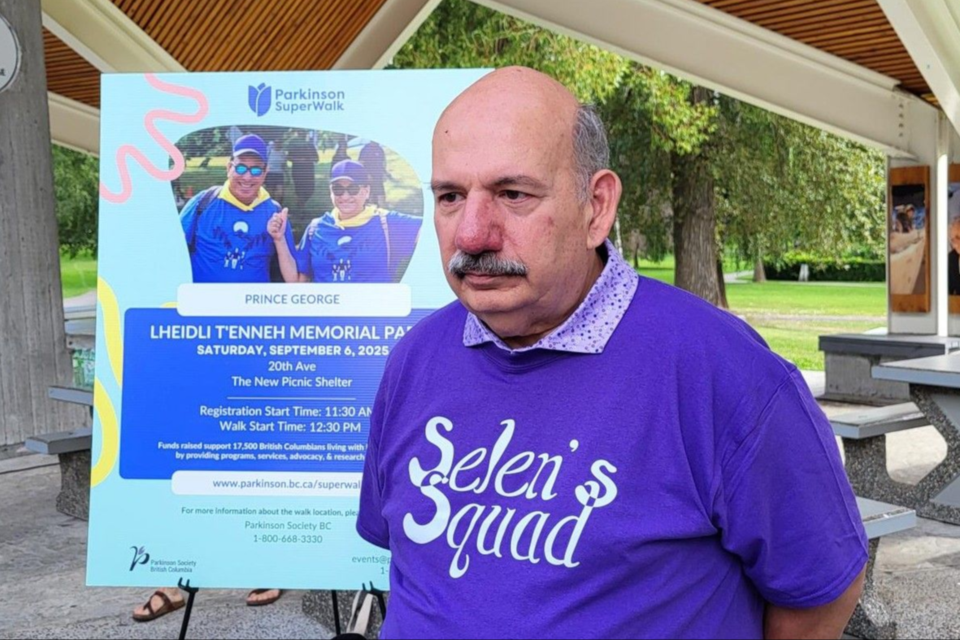 Selen Alpay talks about living with Parkinson's disease during the launch of the Prince George SuperWalk held at the Lheidli T'enneh Memorial Park Pavilion on Tuesday, Aug. 12, 2025. The Parkinson SuperWalk fundraiser will take place on Saturday, Sept. 6 in the park.