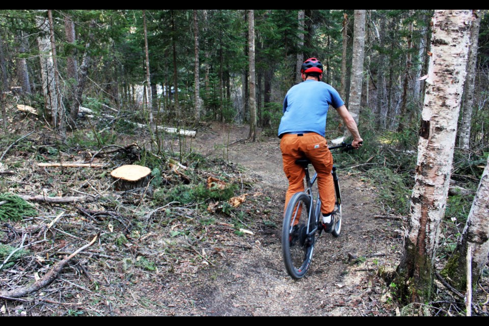 A rider passes by the stump of a tree that was cut down as part of the province's Wildfire Risk Reduction project at the Pidherny Recreation Site on the western edge of Prince George.