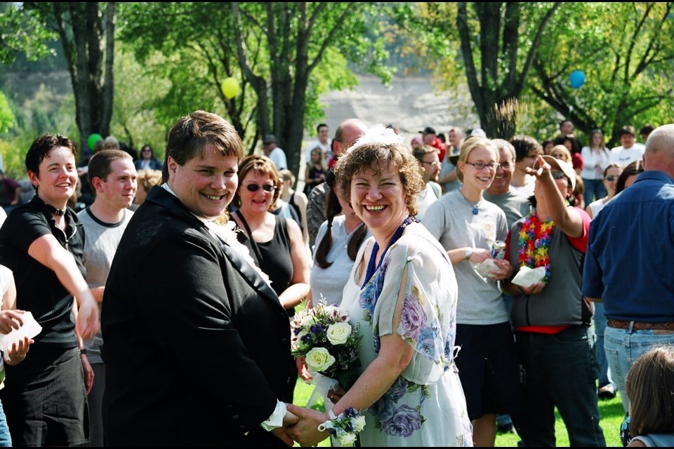 Wendy Young and Tess Healy on their wedding day. 