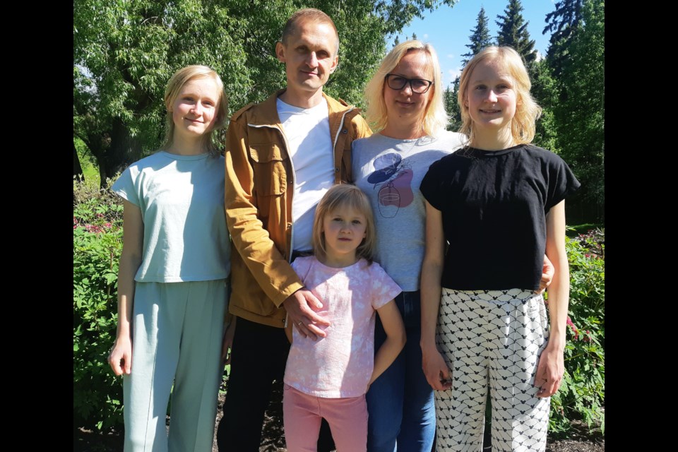 The Miroshnyk family from Merefa, Ukraine fled the war in their homeland and arrived as refugees in Prince George on May 24. From left are Masha, Oleksii, Ira, Liliia and Dasha Miroshnyk.