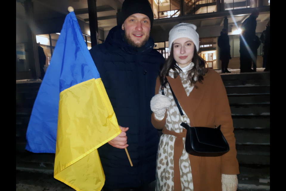 Illya Zhukovskyy and Anastasiia Biliaeva attended the vigil on a cold night at Prince George city hall Feb. 24 to mark the one-year anniversary of the Russian invasion of their Ukrainian homeland.