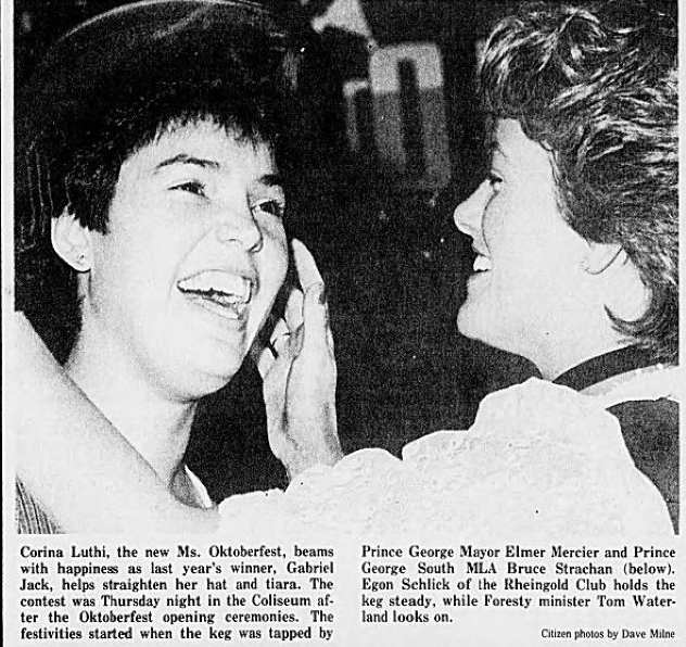 This Prince George Citizen photo of Corina Luthi being crowned Miss Oktoberfest 1985 led Wendy Proverbs, Luthi's biological sister, to discover her birth family's history that she later wrote about in a multi award-winning book.