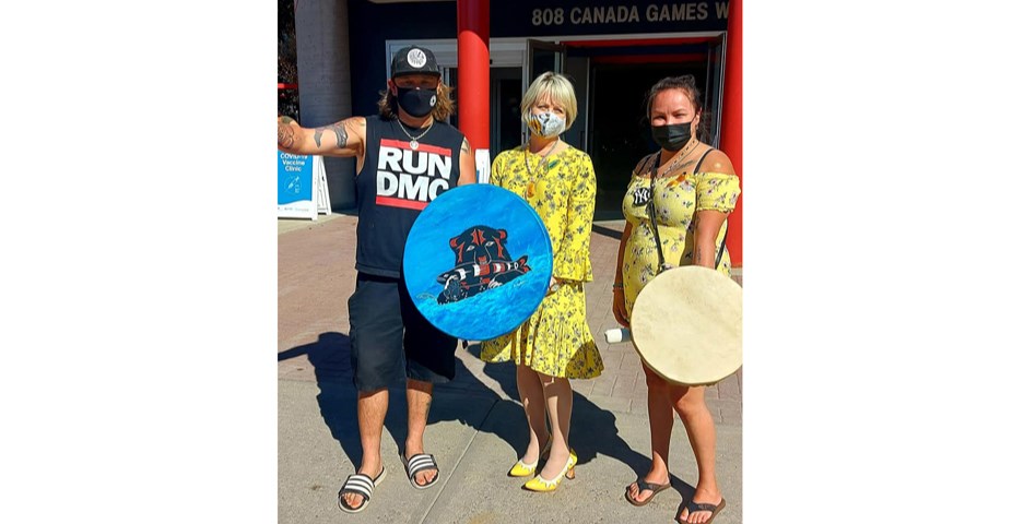 Dr. Bonnie Henry was in Prince George Tuesday and stopped by the Civic Centre where she was honoured with drumming by Wesley Mitchell and Kat Morris.