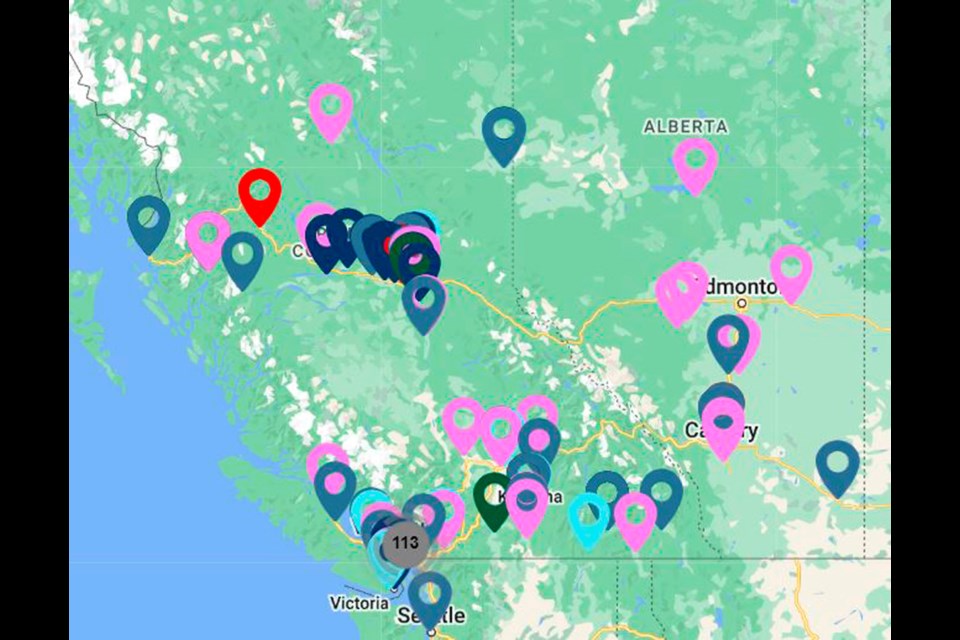 While the majority of the Citizen online poll respondents were from Prince George, 32 per cent came from non-local respondents, as this map shows. The pink respondents supported Simon Yu, the light blue respondents voted for Roy Stewart, the dark blue respondents voted for Terri McConnachie and the light green respondents are undecided.