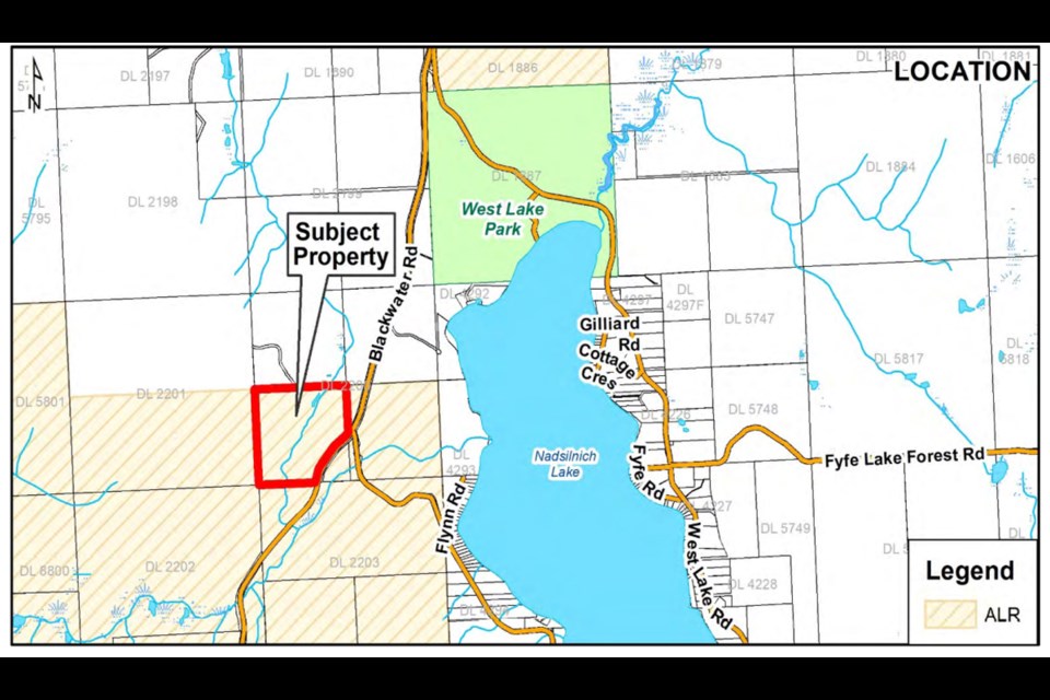 The proposed location for a cannabis growing operation on Blackwater Road near West Lake Park is seen in a map included in a report to the Regional District of Fraser-Fort George board of directors on Thursday.