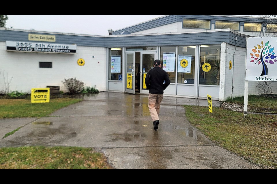 A voter walks into the polling station at Trinity United Church at 3555 Fifth Ave., Monday morning. The polls in Prince George opened at 7 a.m. and close at 7 p.m.