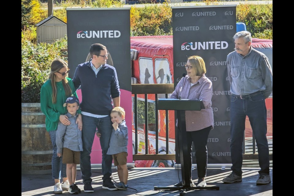 MLAs Shirley Bond and Mike Morris introduce Kiel Giddens as the BC United candidate for Prince George -Mackenzie at an event Sunday at Northern Lights Estate Winery.