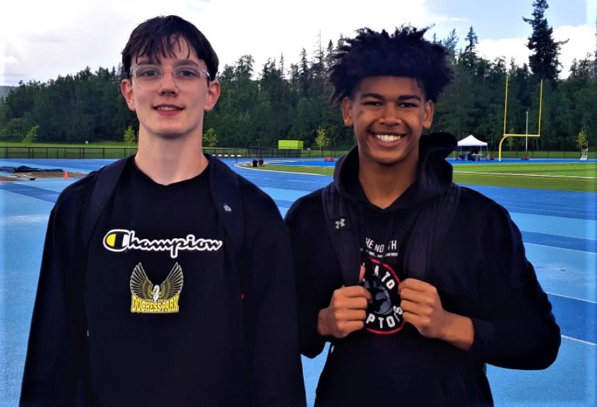 Adam Sieben, left, and Bobby Kelly push themselves to new heights and faster times as clubmates in the Prince George Track and Field Club and also compete against each other on the basketball court playing with the Northern Bounce Academy. 